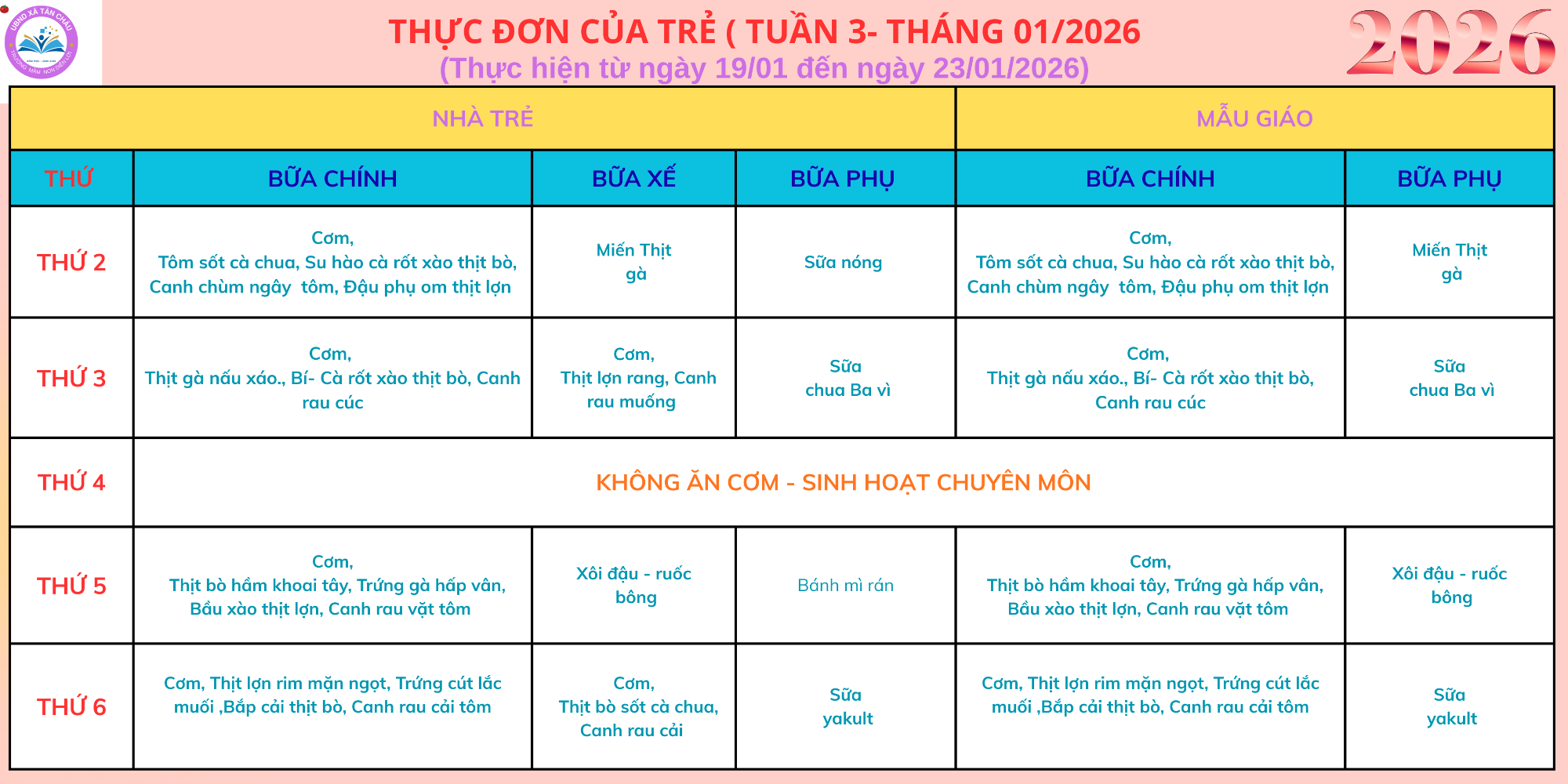Thực đơn tuần 1-3 tháng 2026